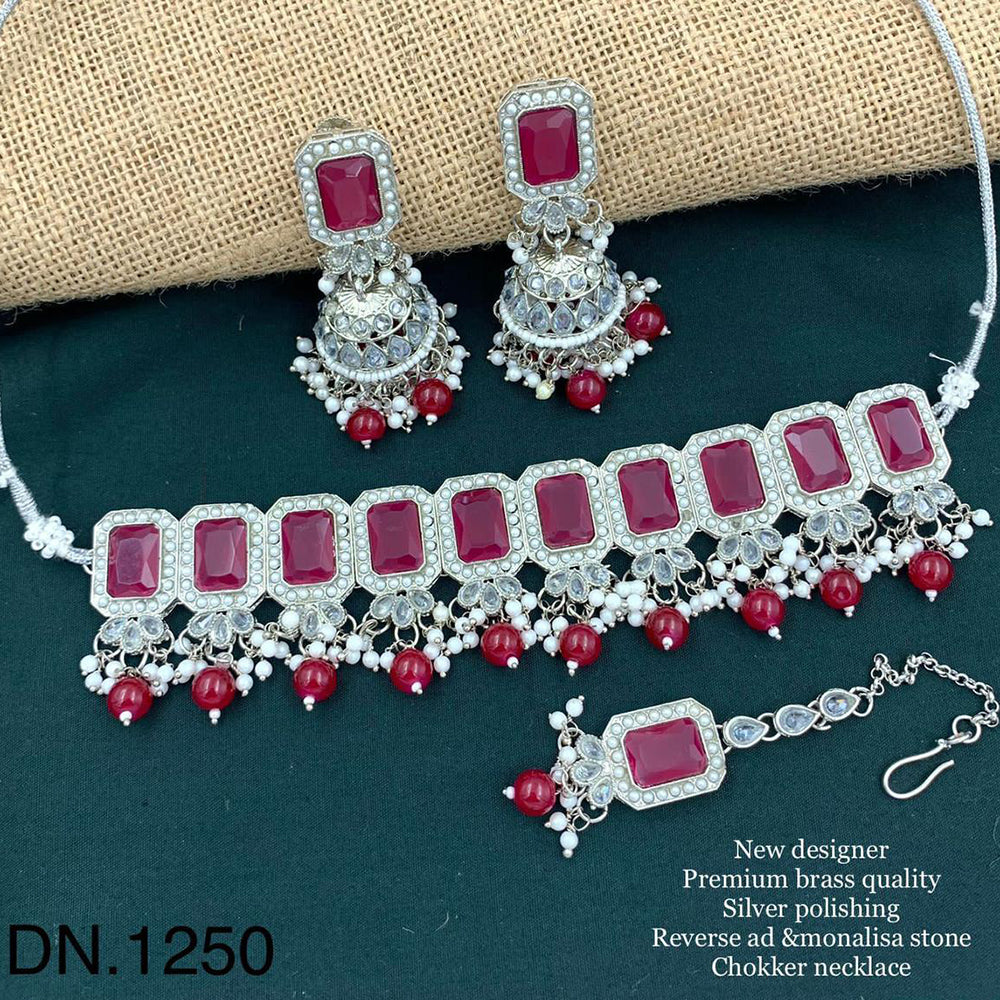 FS Collection Silver Plated Reverse AD & Monalisa Stone Choker Necklace Set