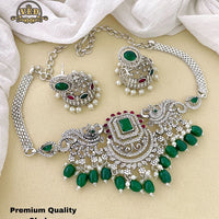 FS Collection Silver Plated AD Stone Choker Necklace Set