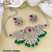 FS Collection Silver Plated AD Stone Choker Necklace Set