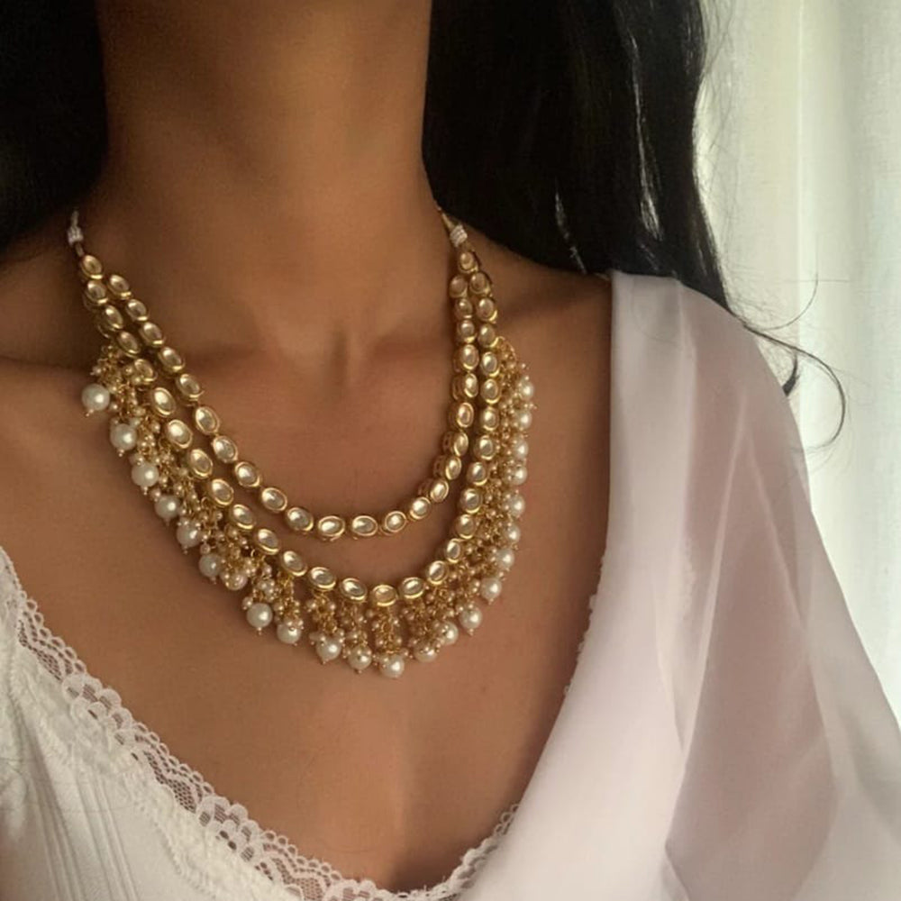 FS Collection Gold Plated Kundan And Pearl Necklace Set