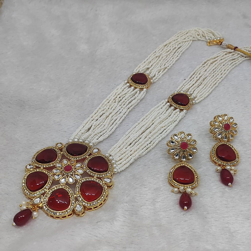 FS Collection Gold Plated Kundan And Pearl Long Necklace Set