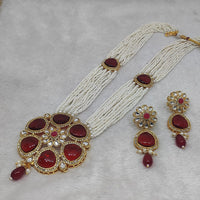 FS Collection Gold Plated Kundan And Pearl Long Necklace Set