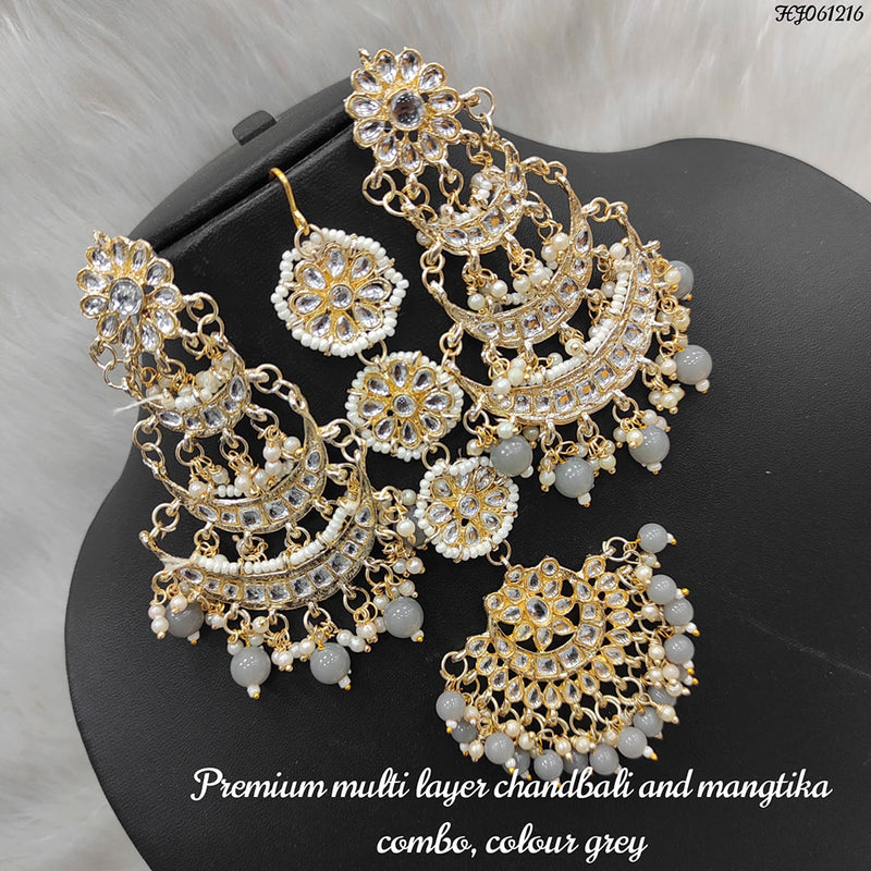 Raj Creations Gold Plated Kundan & Beads Dangler Earrings With Maangtikka