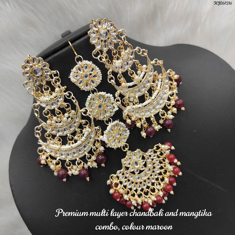 Raj Creations Gold Plated Kundan & Beads Dangler Earrings With Maangtikka