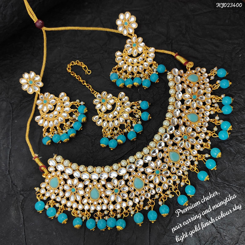 Raj Creations Gold Plated Crystal Stone & Beads Choker Necklace Set With Maangtikka