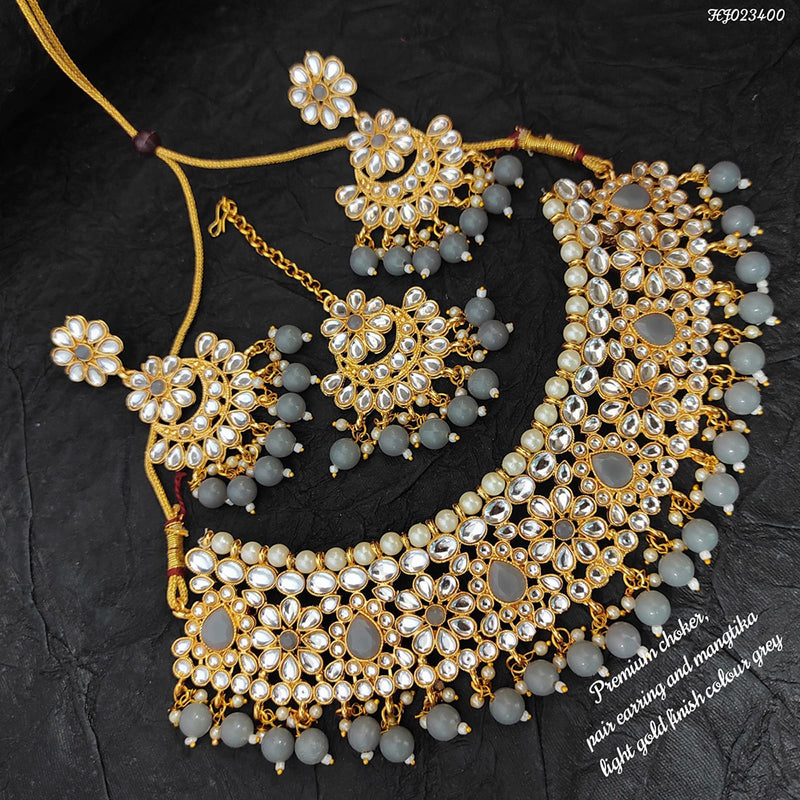 Raj Creations Gold Plated Crystal Stone & Beads Choker Necklace Set With Maangtikka