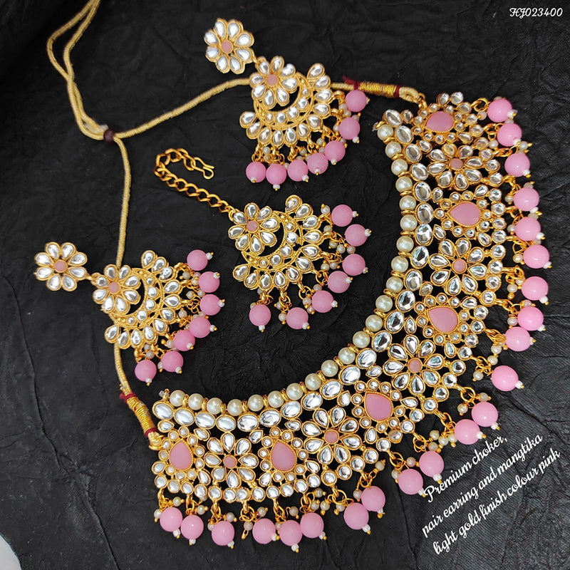 Raj Creations Gold Plated Crystal Stone & Beads Choker Necklace Set With Maangtikka