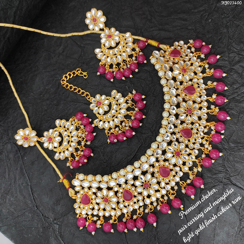 Raj Creations Gold Plated Crystal Stone & Beads Choker Necklace Set With Maangtikka