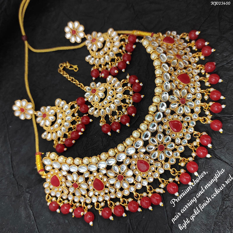 Raj Creations Gold Plated Crystal Stone & Beads Choker Necklace Set With Maangtikka