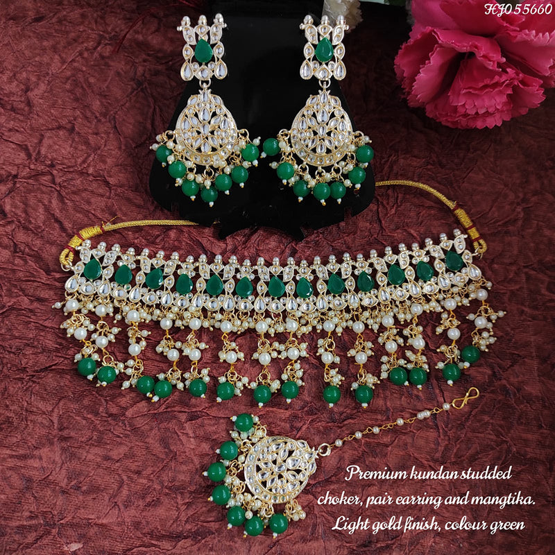 Raj Creations Gold Plated Mirror & Beads Choker Necklace Set With Maangtikka