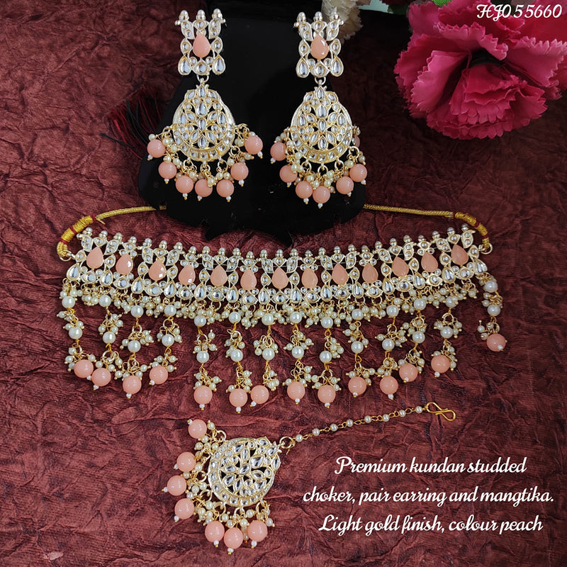 Raj Creations Gold Plated Mirror & Beads Choker Necklace Set With Maangtikka