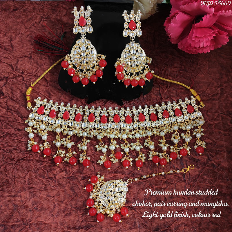 Raj Creations Gold Plated Mirror & Beads Choker Necklace Set With Maangtikka