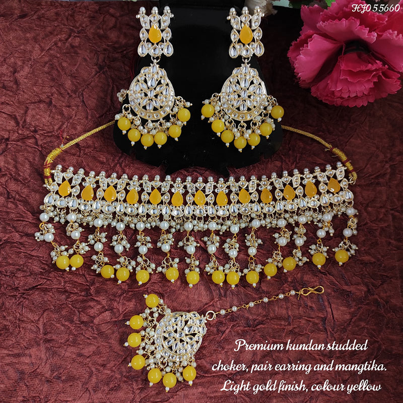 Raj Creations Gold Plated Mirror & Beads Choker Necklace Set With Maangtikka