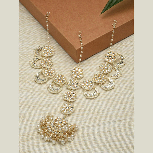 SAMC Gold Plated Kundan Stone & Pearl Sheeshphool With Mangtikka