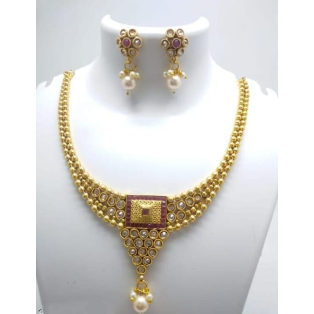 Akruti Collection Gold Plated Pota Stone Necklace Set