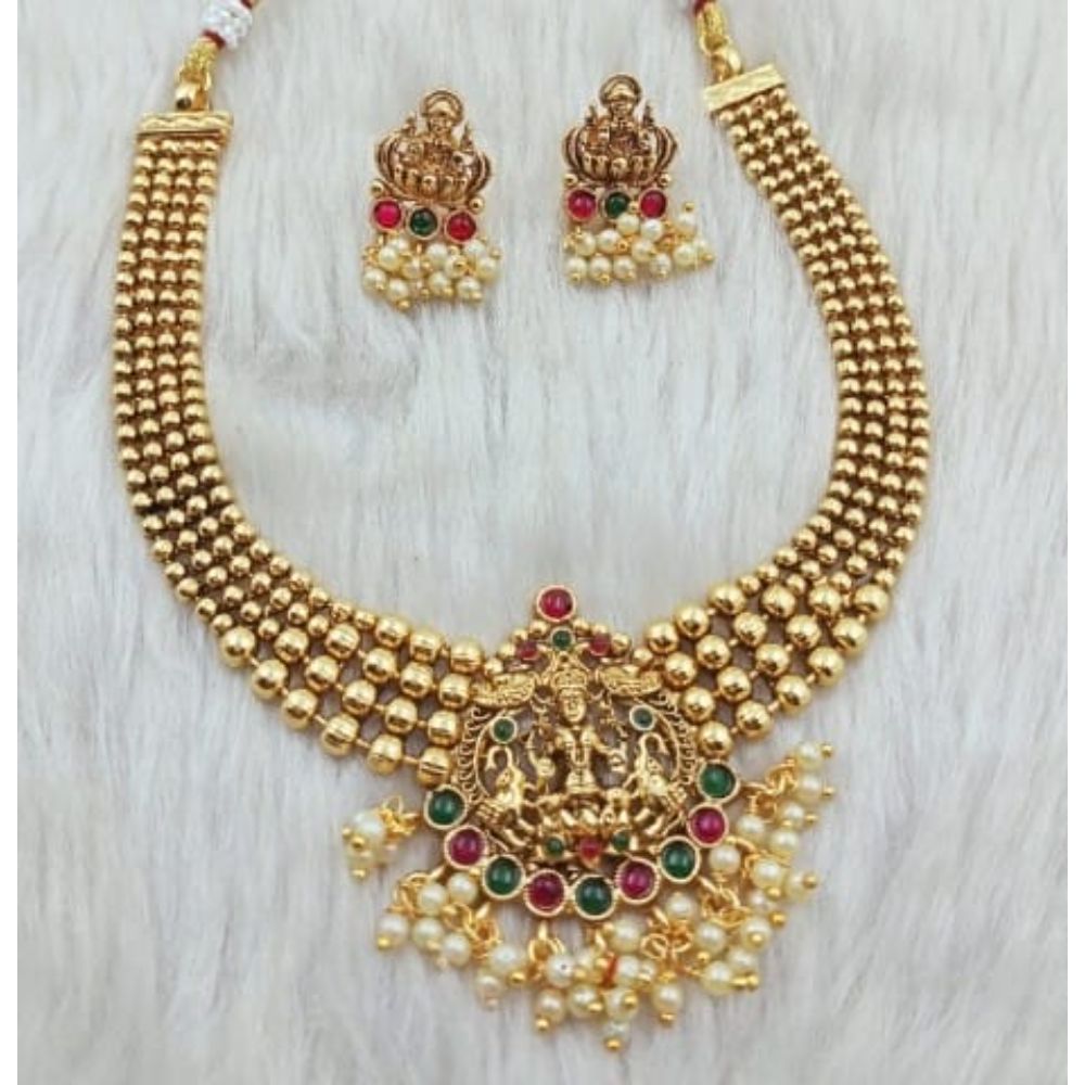 Akruti Collection Gold Plated Pota Stone Temple Necklace Set
