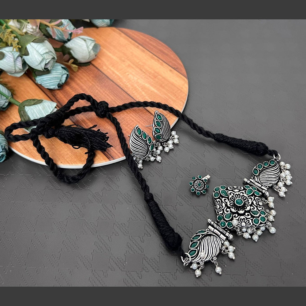 Akruti Collection Oxidised Choker Necklace Set With Nose Pin