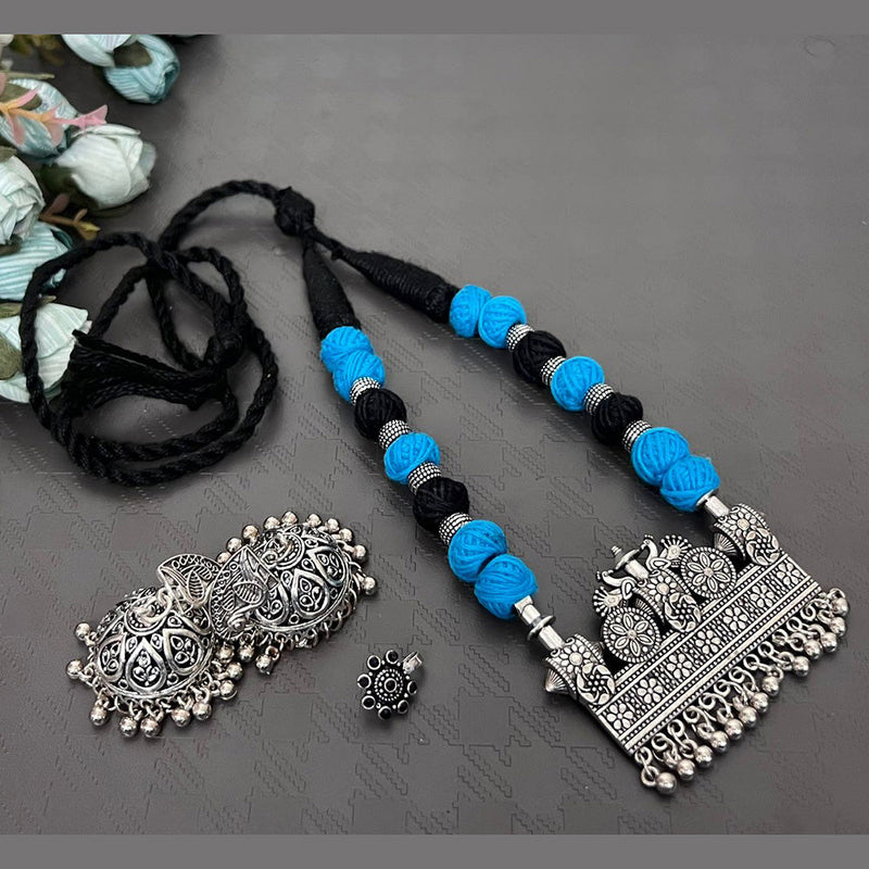 Akruti Collection Oxidised long Necklace Set With Nose Pin