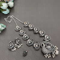 Akruti Collection Oxidised Plated Necklace Set With Nose Pin