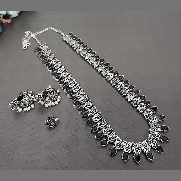 Akruti Collection Oxidised Plated Long Necklace Set With Nose Pin