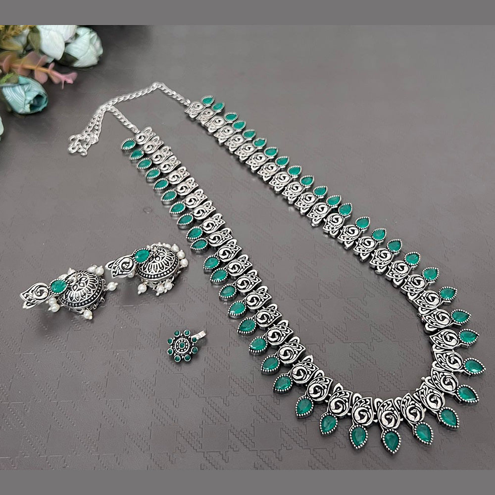 Akruti Collection Oxidised Plated Long Necklace Set With Nose Pin