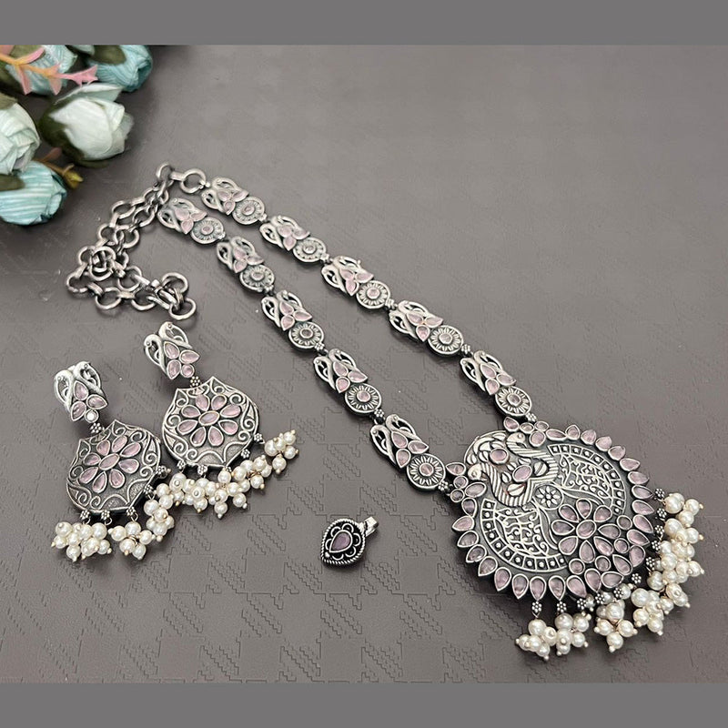 Akruti Collection Oxidised Plated Long Necklace Set With Nose Pin