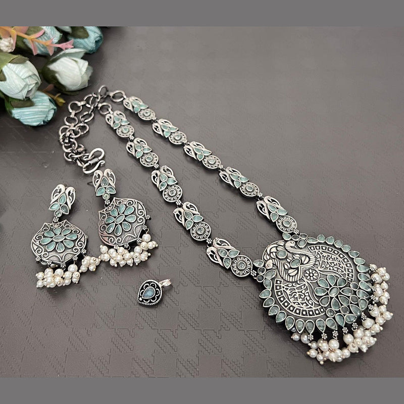 Akruti Collection Oxidised Plated Long Necklace Set With Nose Pin