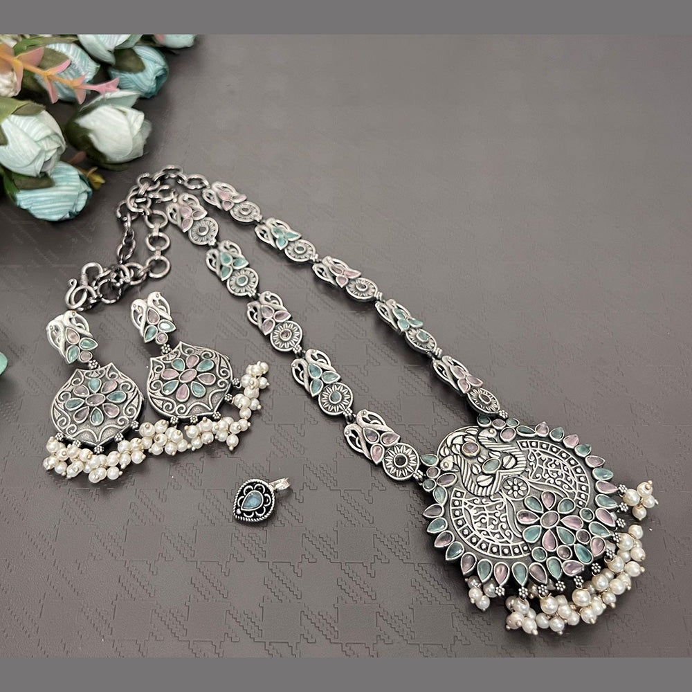 Akruti Collection Oxidised Plated Long Necklace Set With Nose Pin