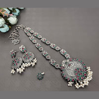 Akruti Collection Oxidised Plated Long Necklace Set With Nose Pin