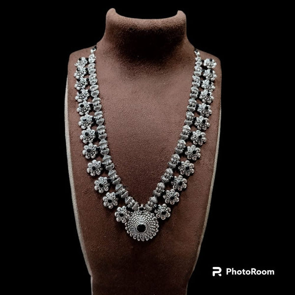 Akruti Collection Oxidised Plated Pota Stone Long Necklace Set