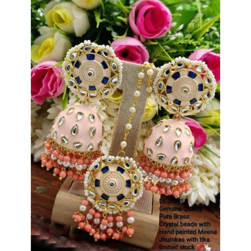 Akruti Collection Meenakari Jhumki Earrings With Maangtika