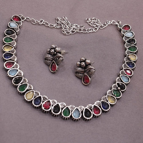 Akruti Collection Oxidised Plated Pota Stone Necklace Set