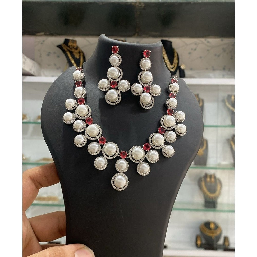 Akruti Collection Silver Plated AD And Pearl Necklace Set