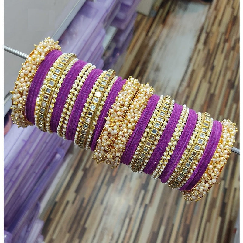 Akruti Collection Gold Plated Velvet And Pearl Bangles Set