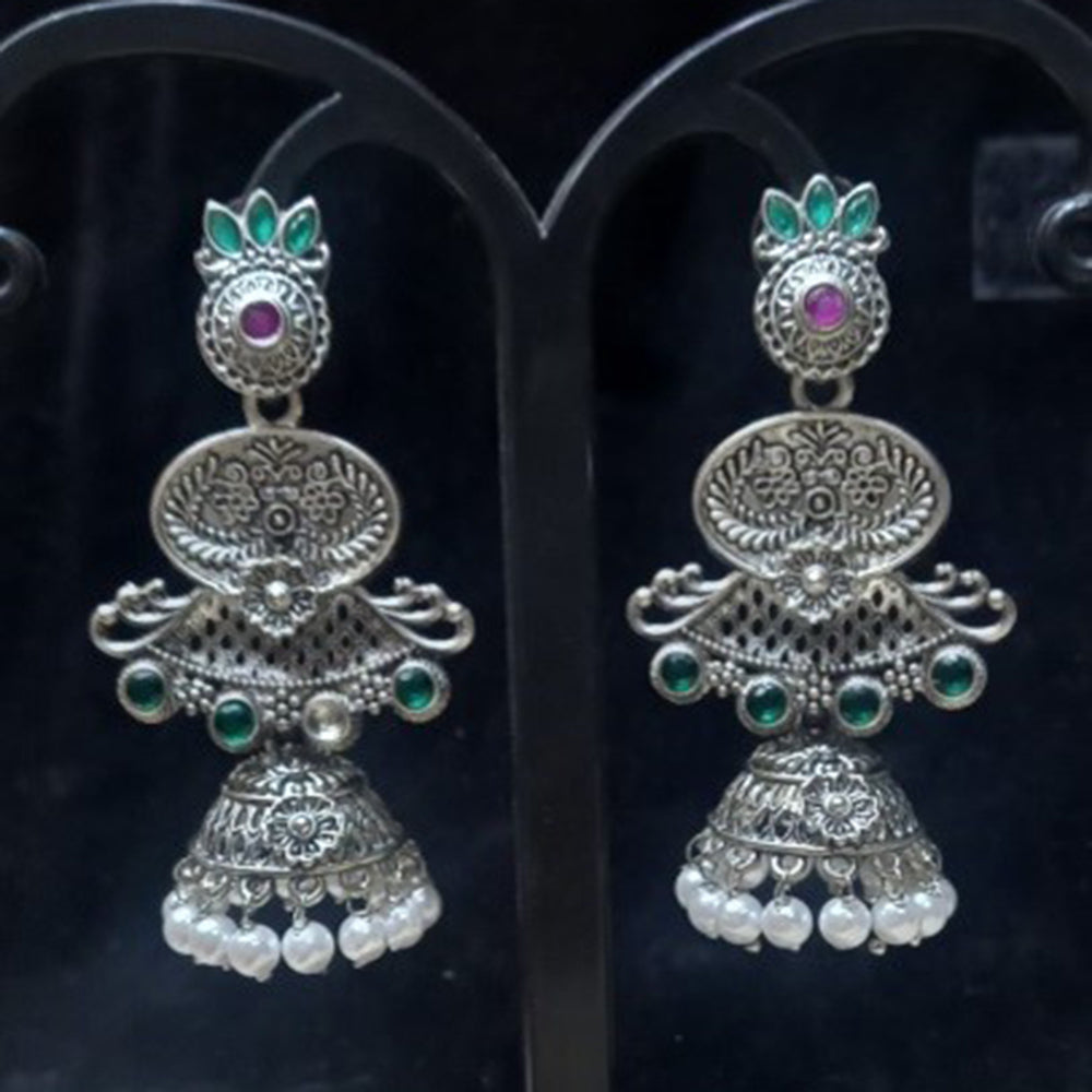 Infinity Jewels Oxidised Plated Pota Stone Jhumki Earrings