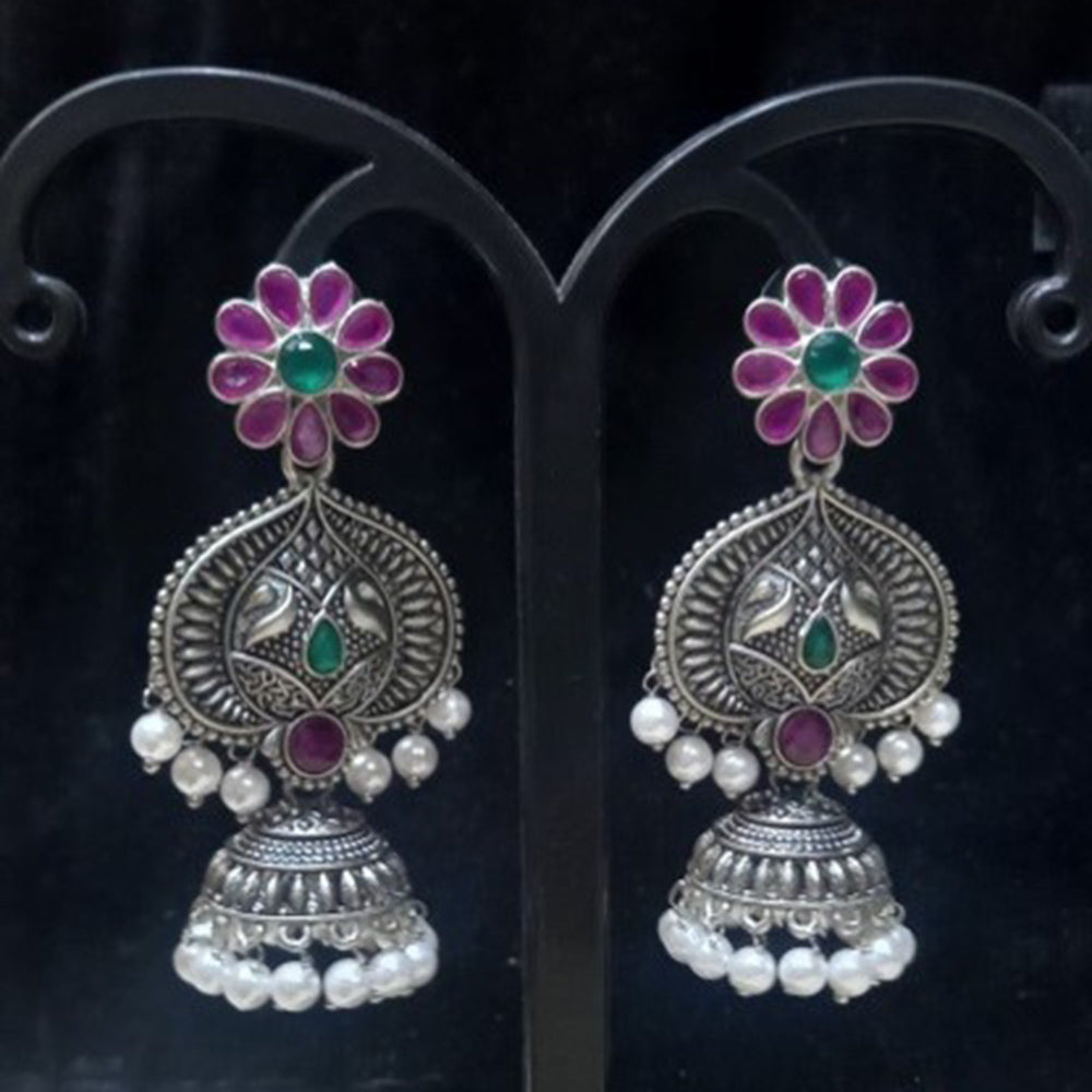 Infinity Jewels Oxidised Plated Pota Stone Jhumki Earrings