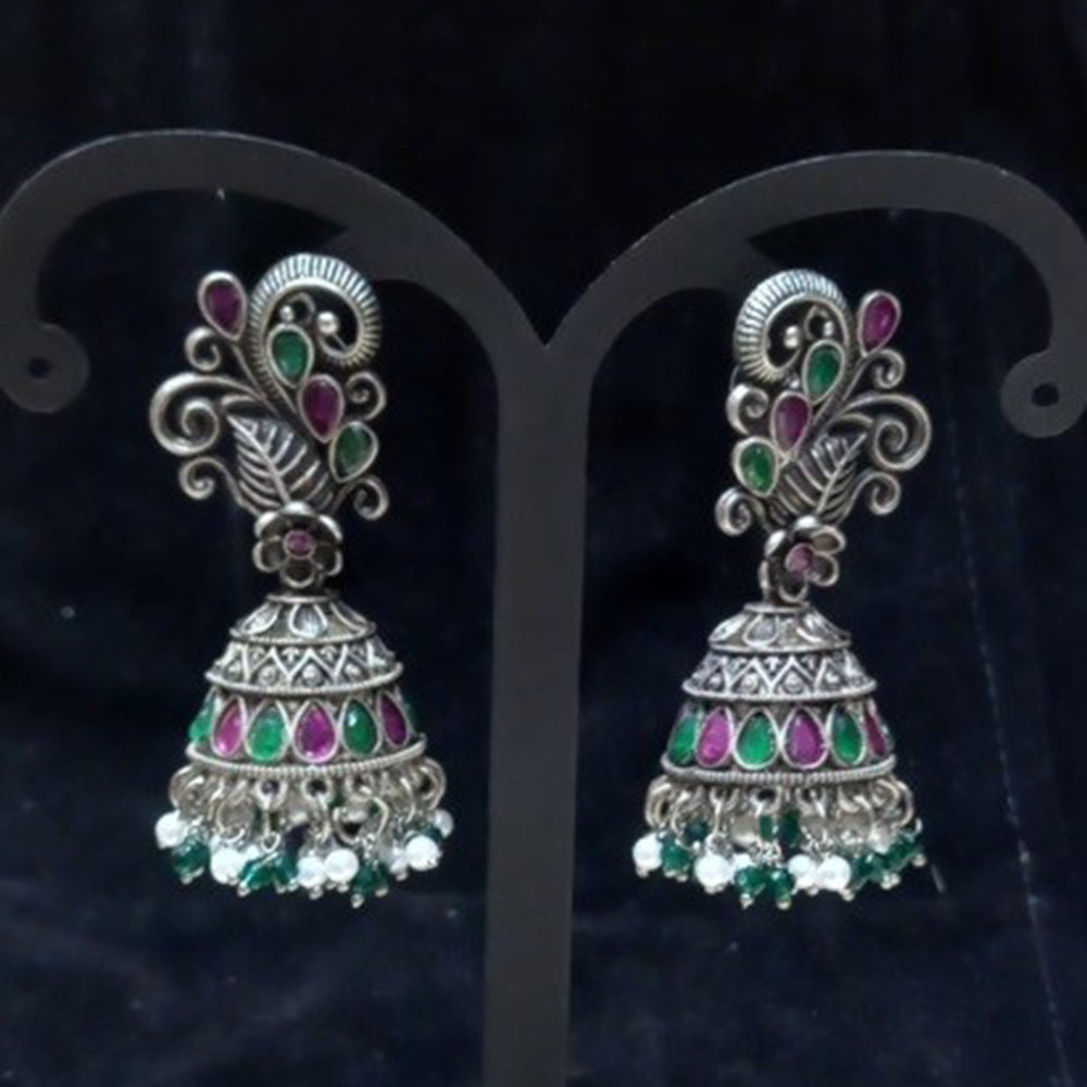 Infinity Jewels Oxidised Plated Pota Stone Jhumki Earrings