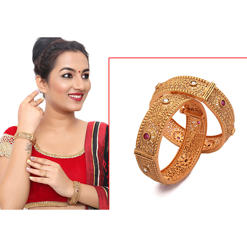 Kayaa Latest fashion Rajwadi polish copper bangles/kadas by Kayaa Fashion | Circle ruby bangle set openable kada bangles