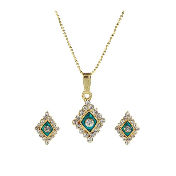 Kriaa Green Meenakari Austrian Stone Square Pendant Set