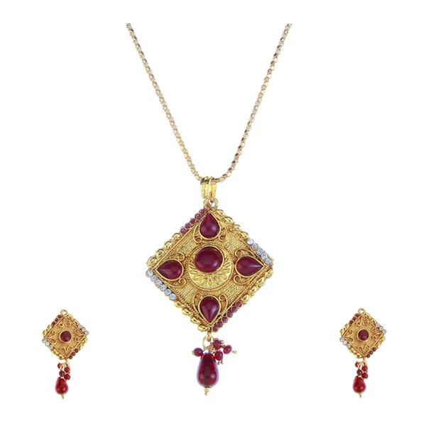 Tip Top Fashions Maroon Austrian Stone Gold Plated Pendant Set - 1202307