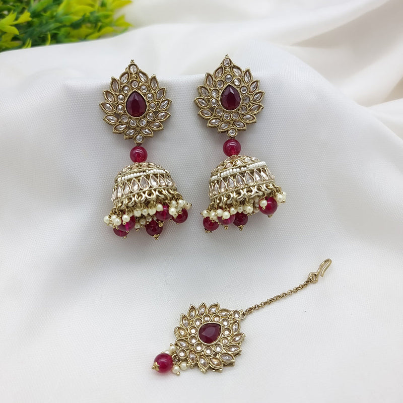 JCM Gold Plated Crystal Stone Jhumki Earrings With Maangtikka