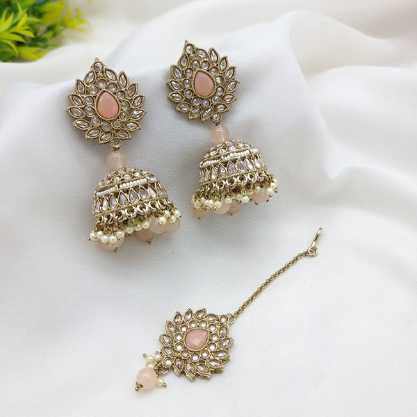 JCM Gold Plated Crystal Stone Jhumki Earrings With Maangtikka