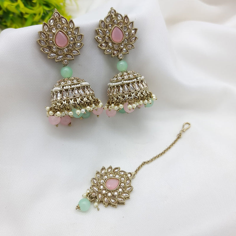 JCM Gold Plated Crystal Stone Jhumki Earrings With Maangtikka