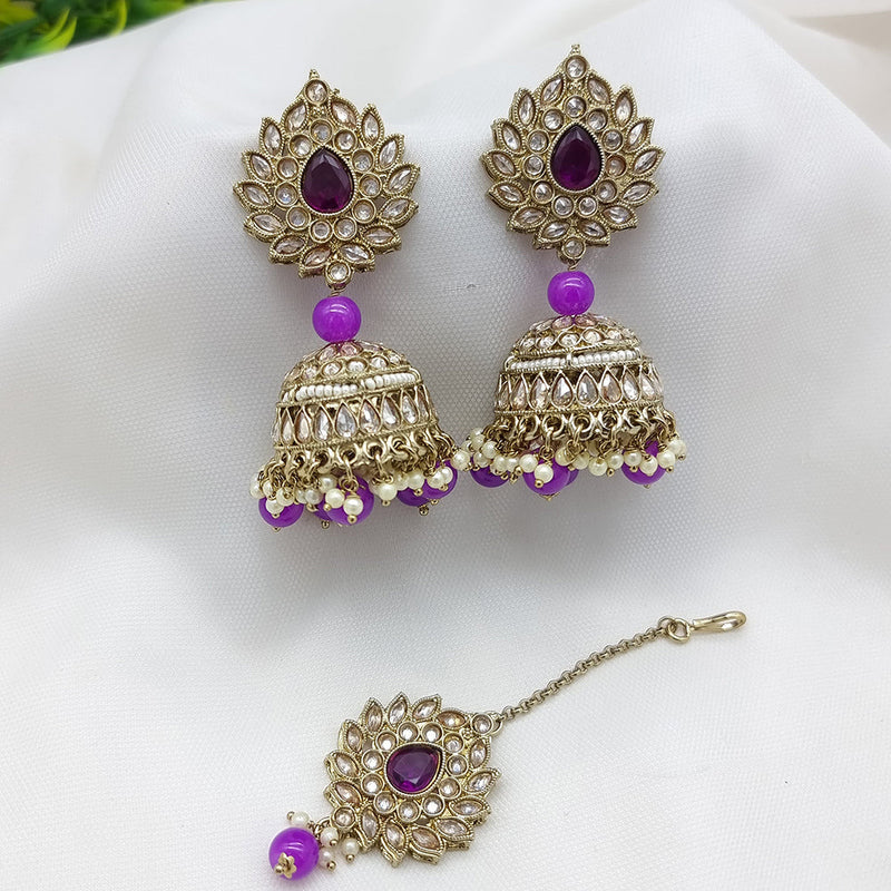 JCM Gold Plated Crystal Stone Jhumki Earrings With Maangtikka