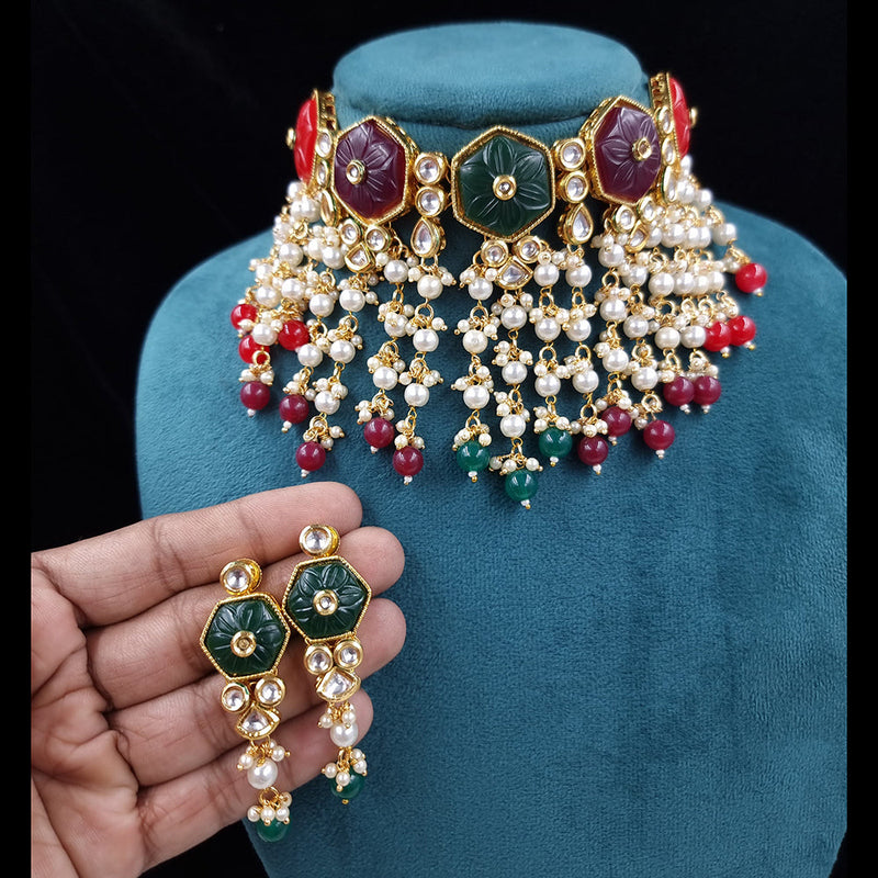 JCM Gold Plated Kundan And Pearl  Choker Necklace Set