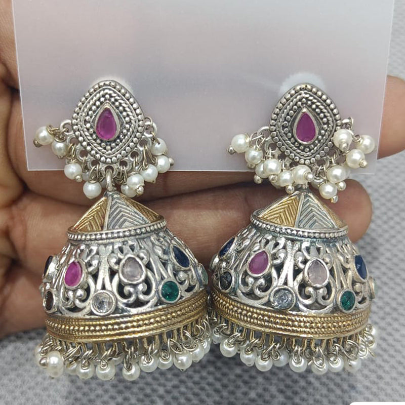 Rani Sati Jewels Silver Plated Pota Stone Jhumki  Earrings