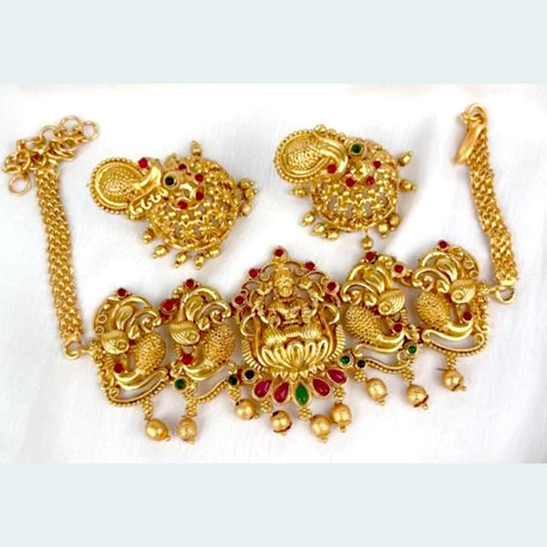 Shree chamunda Jewellers Gold Plated Pota Stone Temple Choker Necklace Set