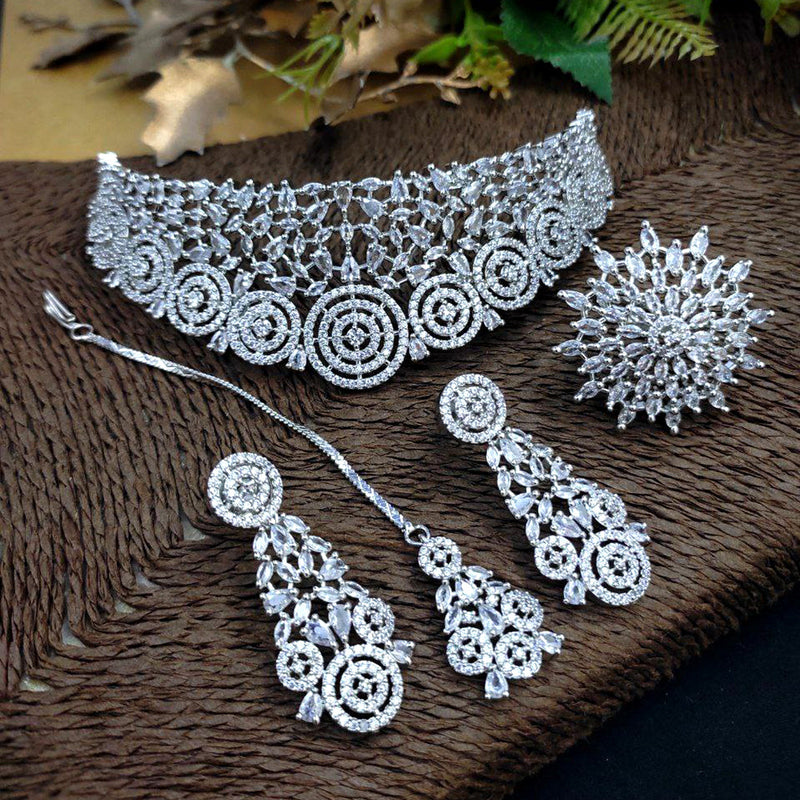 Aamrapali Silver Plated AD Choker Necklace Set