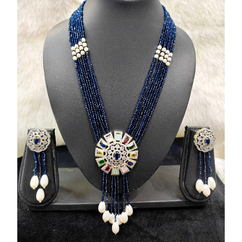 Aamrapali Silver Plated AD And Pearls Long Necklace Set