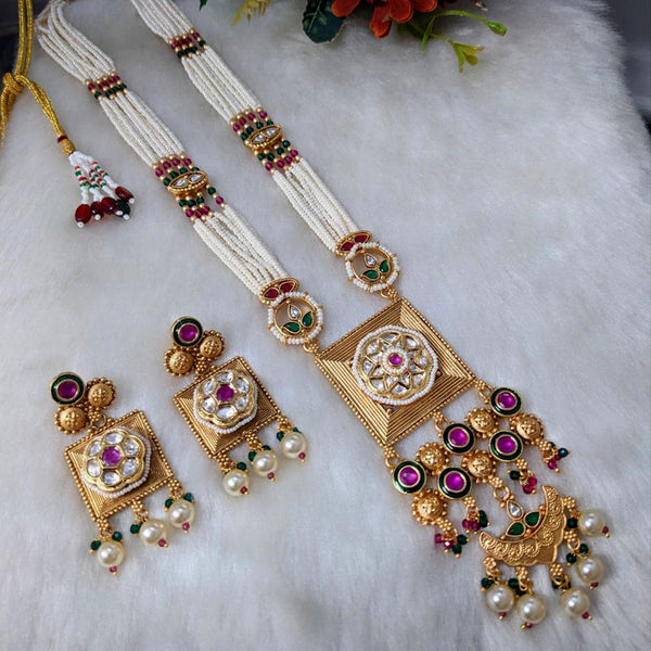 Aamrapali Gold Plated Pearl And Pota Stone Long Necklace Set